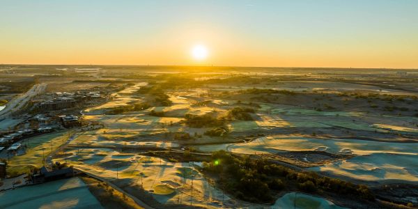 Areal view of PGA Frisco Golf Course at sunset in Frisco, TX