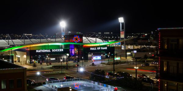 Exterior view of Toyota Stadium in Frisco, TX at night